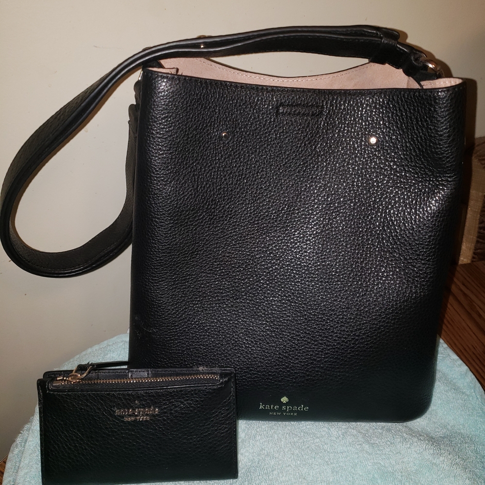 Kate Spade Black Pebbled Leather Bucket Bag and  2 Wallets
